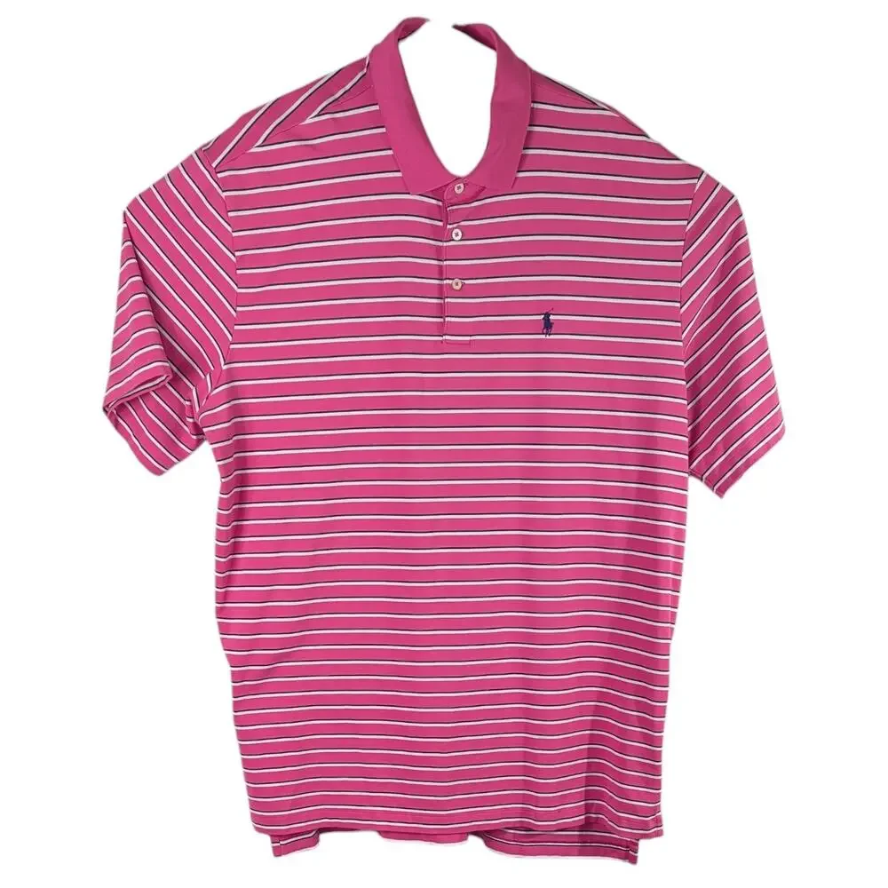 Pink Ralph Lauren Golf Polo Shirt Mens 2XL XXL Blue Stripes White Performance